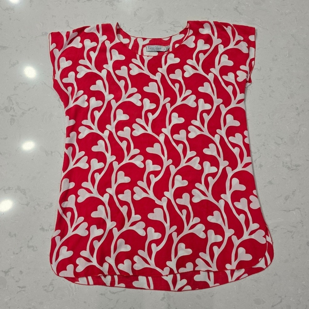 Tybee Island Clothing Co Coral Print Top Red White Scoop Neck Coastal S